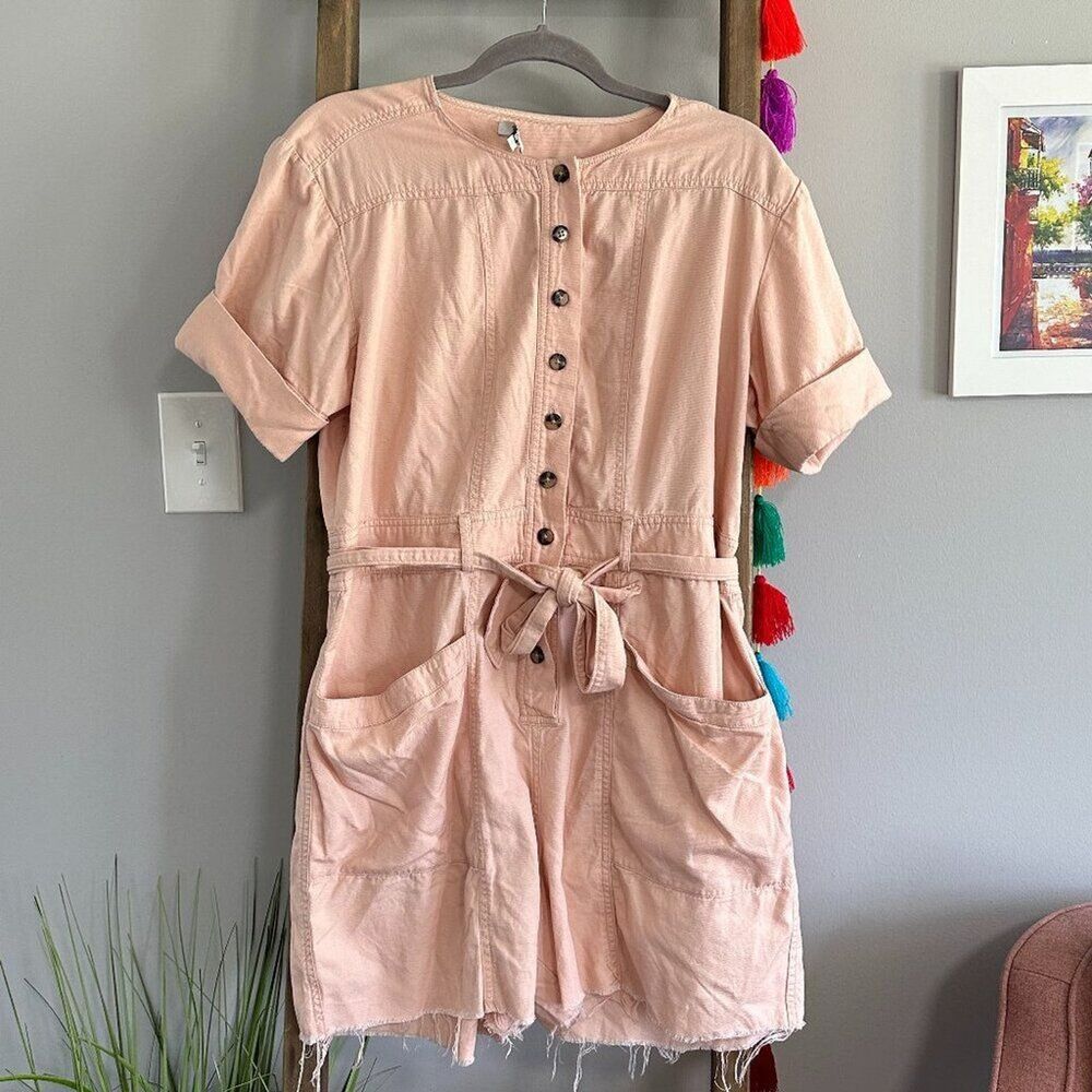 Madewell Top Stitch Coverall Romper 12 Pink Peach Chore Utility Cut Offs Casual